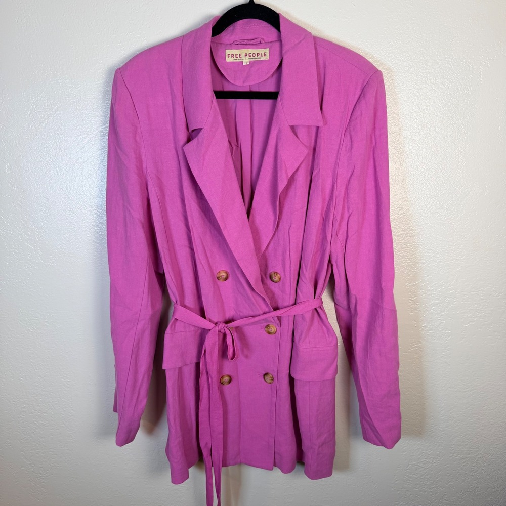 Free People Womens L Pink Linen Blend Double Breasted Belted Blazer Boho Barbie